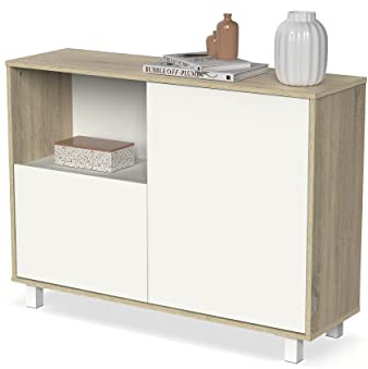 MUEBLES PITARCH | Aparador Salón Comedor, Buffet, Mueble Auxiliar, 2 Puertas y 1 Hueco, con Patas, Blanco y Roble Cambrian, 82,5x112x33cm, Recibidor Moderno, Colección Tibet