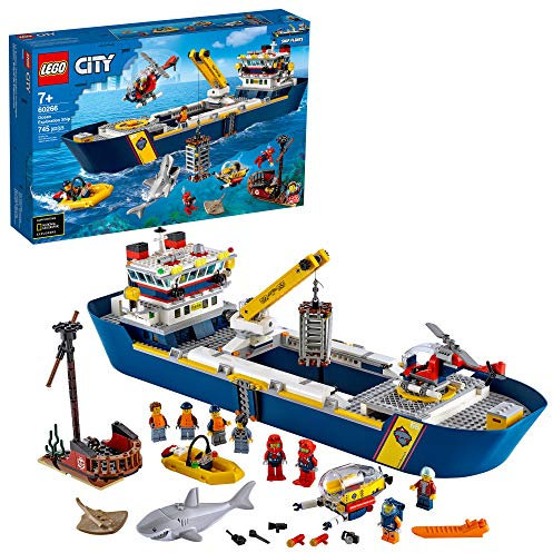 LEGO City Ocean Exploration Ship 60266, Toy Exploration Vessel, Mini Helicopter, Submarine, Shipwreck with Treasure, Lifeboat, Stingray, Shark, Plus 8 Minifigures, New 2020 (745 Pieces)