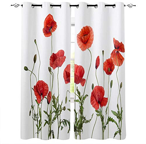AHJJK Blackout Curtain Red poppy Eyelet Thermal Insulated Curtain Super Soft Solid Lining Fabric Ring Top Blackout Panel for Children's room & Living room bedroom 2 Panels 46.1 x 53.9inch