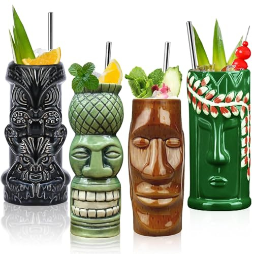 LINALL Tiki Tassen, Cocktail-Set, 4 Stück, große hawaiianische Party-Tassen, Trinkgeschirr, niedliche exotische Cocktailgläser, Tiki-Bar, professionelle hawaiianische Party-Barware, TKSET0012 (4 Stück