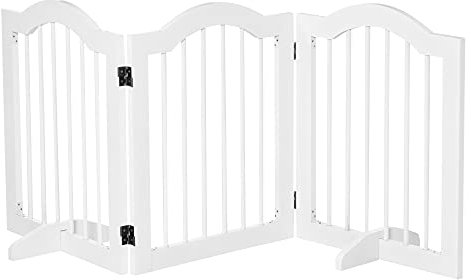 PawHut Absperrgitter Hund 3-teilig, 154,5 x 61 cm Faltbar Hundegitter mit Tür, Türschutzgitter mit 2 Stützfüßen, Freistehend Treppengitter für Küche, Flur, Weiß