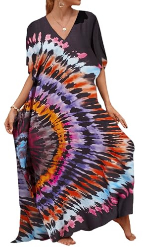 Bsubseach Damkaftan, lös, färgglad strand-cover up, kortärmad klänning, för att täcka baddräkten, En Storlek