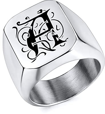 OTXIXTO Benutzerdefinierte Initialen Monogramm Siegelringe für Männer Personalisierte Edelstahl Ringe Schwarz Silber Gold Farben Ideales Erinnerungsgeschenk für Mann Freund