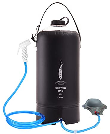 Solar Dusche Tasche, 10L Campingdusche Solardusche Gartendusche mit Pumpe und Handbrause, Camping Duschsack, Tragbare Solar Heizung Camping Dusche Tasche Set für Camping Wandern Strand Garten Schwarz