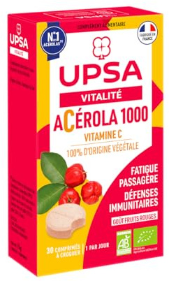 UPSA - Acérola 1000 - Complément Alimentaire à Croquer - Vitamine C Naturelle - Immunité, Fatigue, Défenses Naturelles - 30 comprimés