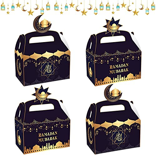 Seasboes 12 Stück Eid Mubarak Geschenkboxen, Ramadan Geschenk Box, Weiß Gold, Mubarak Party Gunst Tasche, Muslimische Ramadan Leckerlis Geschenktüten, Ramadan Decor