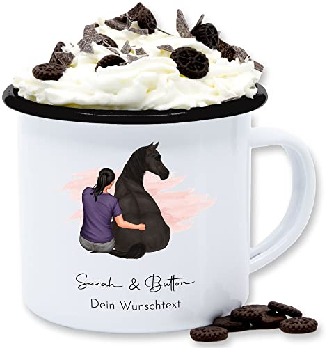 Emaille Tasse Blechtasse - Pferde - Frau mit Pferd I Wunschtext I Wunschname Text I Geschenk Reiter - 300 ml - Weiß Schwarz - pferdetassen pferden pferd- tassen pferderassen pferdemotiv und