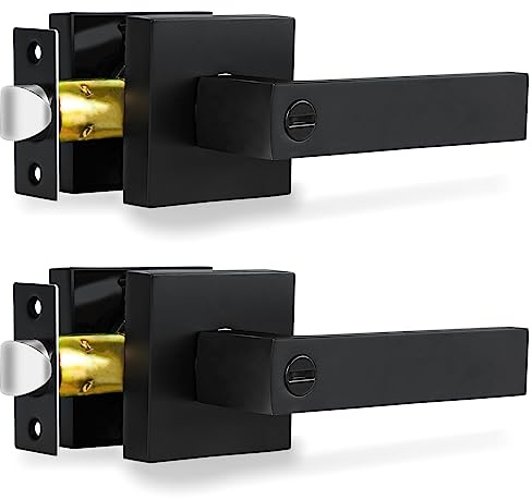 RAZCC Privacy Interior Door Lever, 2 Pack Heavy Duty Matte Black Door Handles Square Door Knobs for Bedroom & Bathroom Keyless Door Lock Handles for Right & Left Sided Doors
