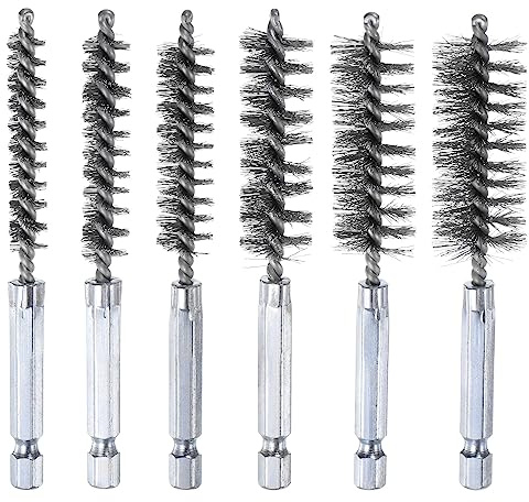 sourcing map 6Pcs Bore Brush Set 8mm,10mm,12mm,15mm,17mm,19mm Different Bristle Lengths Stainless Steel Twisted Wire Cleaning Brush with 1/4 Hex Shank for Tubes