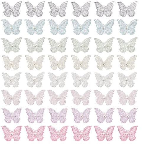 FINGERINSPIRE 48 Stück 8 Farben Schmetterlings Spitzen Aufnäher Doppellagige 3D Schmetterlings Organza Aufnäher Mit Imitationsperle Schmetterling Nähen Stickerei DIY Aufnäher Für Hochzeit