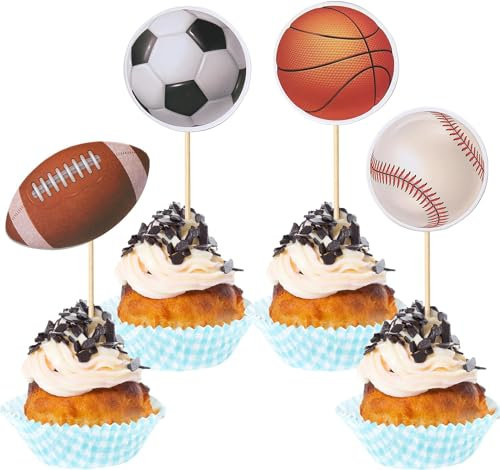 SYKYCTCY 40 Pack Sports Cupcake Toppers Baseball Rugby Cupcake Picks Basketball Soccer Ball Football Cupcake Toppers for Boy Sports Ball Game Theme Happy Birthday Party Cake Decorations Supplies