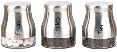 ARA CHOICE Set of 3 Silver Kitchen Storage Canisters Tea Coffee Sugar Jars Pots Containers Caddy Stylish Matt Glass with Screw Lid Jar Pots Food Containers Kitchen Storage Canister Set 700ml