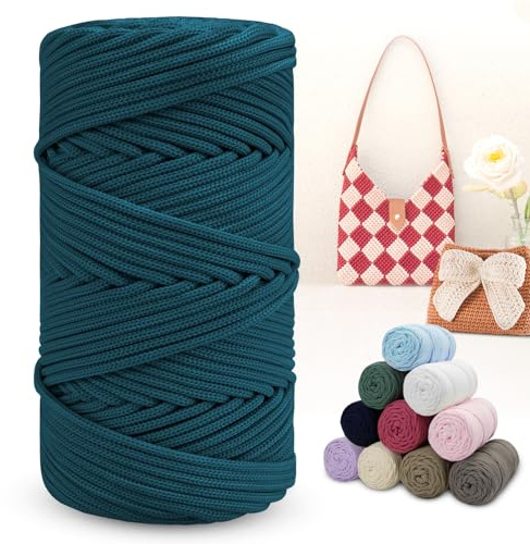LEREATI Polyester Garn 150m Makramee Garn 4mm Geflochten Polyester-Seil Farbig Häkelgarn, Macrame Cord 4mm für Häkeltasche Umhängetasche Handtasche Geschenk Strickwaren (Denim-Blau)
