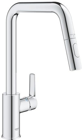 GROHE Start QuickFix – herausziehbare Doppelbrause Küchenspüle Armatur (hoher U-Auslauf, 360° Schwenkbereich, 28mm Keramikkartusche, Endstücke 1/2 Zoll), einfache Montage mit GROHE QuickMount, Chrom,
