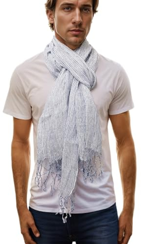 Prettystern XL uomo donna sciarpa a 2 colori primavera estate sciarpa di lino con frange lunghe bianco blu T112