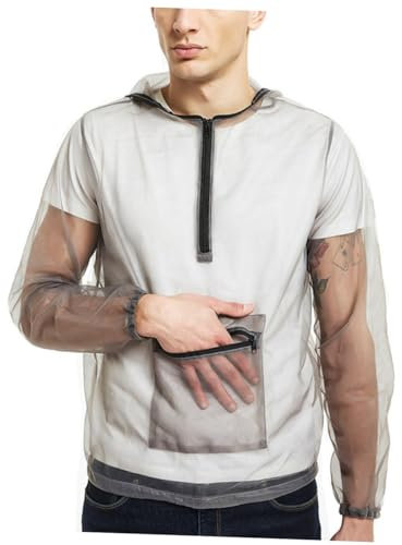 BESPORTBLE Chemise Bouclier Anti-Insectes en Maille à Capuche, Légère, Poche Frontale Zippée, Transparente, pour Jardinage et Pêche, Tailles L à Xxl
