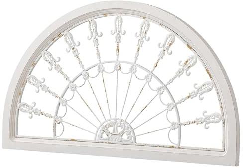 Sintosin Vintage White Arched Wrought Iron Wall Decor 17 X 30 Inches, Hanging Distressed Finish Metal Wall Art over the Door Decor, Rustic Half Round Wood and Metal Door Topper Wall Decor Living Room