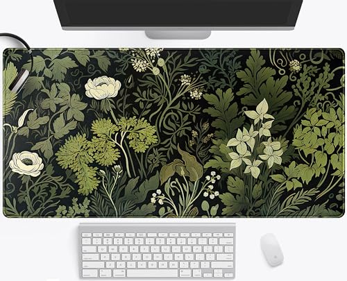 Schreibtischunterlage mit grünen Blättern, beige Pflanzen, großes ausziehbares Mauspad, XXL, frisches Blatt-Tastaturmatte, schwarzes ästhetisches Schreibtisch-Matte für Laptop, kabelloses Mauspad für