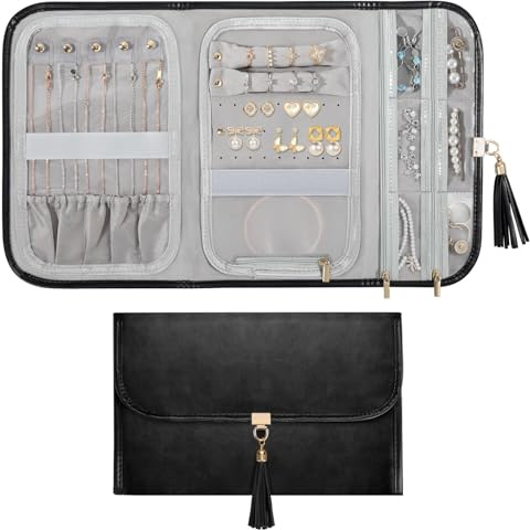 Emibele Travel Jewelry Organizer, Waterproof Leather Jewelry Roll Bag Storage Pouch, Tassel Foldable Travel Jewelry Case Holder for Earrings Necklace Bracelet Rings, Women Travel Essentials, Black