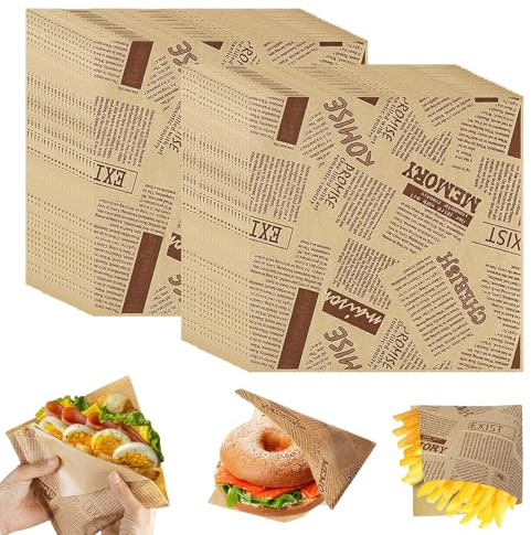 Sac en Papier pour Sandwich, 400 Feuilles Papier Emballage Alimentaire Sachet Kraft, Sac à Burger, Feuille de Papier Journal Alimentaire, Sacs en Papier pour Wrap Burger Frites Gâteaux, 15x15 cm