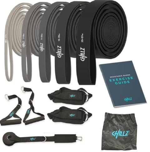 CHILLZ Pull Up Resistance Bands, 5 different Exercise Band, Pull Up, Resistance Band in KG with Handles, Door Anchor, Bag. Black, Grey, White gradient. New Workout Guide Designed by Pro Online PT.