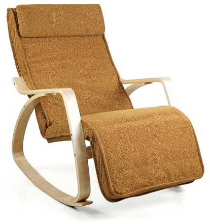 Brigros WeHome - Sedia A Dondolo Swing Amor Con Braccioli In Legno, Rocking Chair, Poltrona A Dondolo Con Poggiapiedi Regolabile, Poltrona Salotto, Poltrona Camera Da Letto (Bouclé, Ocra)