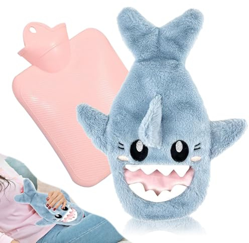 Kinder-Warmwassersack,Tier-Warmwassersack,2-In-1-Warmwassersack,Hai-Warmwassersack PlüSchtier-Warmwasserflasche,Blauer Warmwassersack,Plug-In-Modell-Warmwassersack,WassergefüLlter Warmwassersack