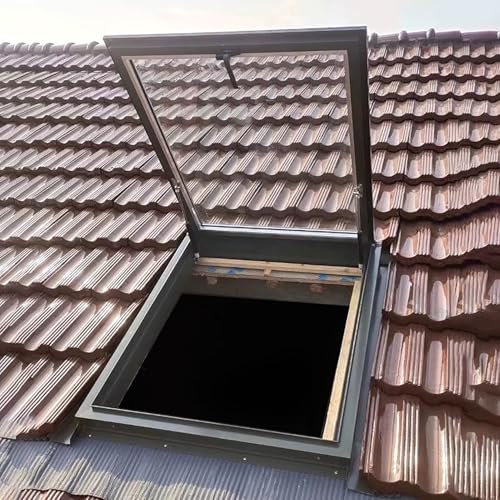 Fenêtre de Toit Fenêtre de Toit Mansardée pour Sortie de Ventilation, Trappe de Toit en Acier Pour Éclairage Naturel Multi-angle, Cadre de Puits de Lumière de Sous-sol avec Tiges de Support(78x78cm(30