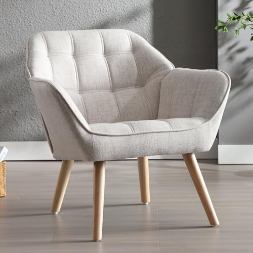 Ya-Home Linen Armchair Upholstered Accent Tub Chair with Wood Legs, Leisure Single Sofa Chair for Living Room/Bedroom, Beige