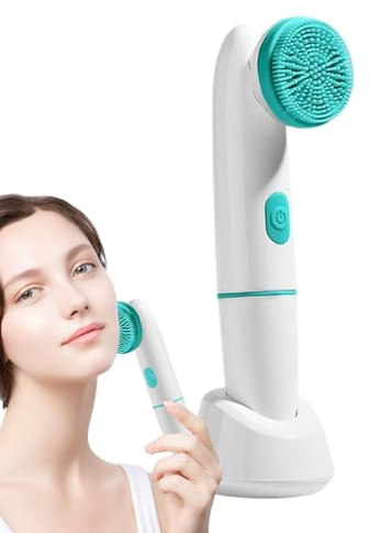 Spazzola per la pulizia del viso, massaggiatore elettrico ad ultrasuoni, impermeabile, ricaricabile, per la cura della pelle, con 2 testine per la pulizia profonda dei pori, 16 x 3 cm, rosa e blu