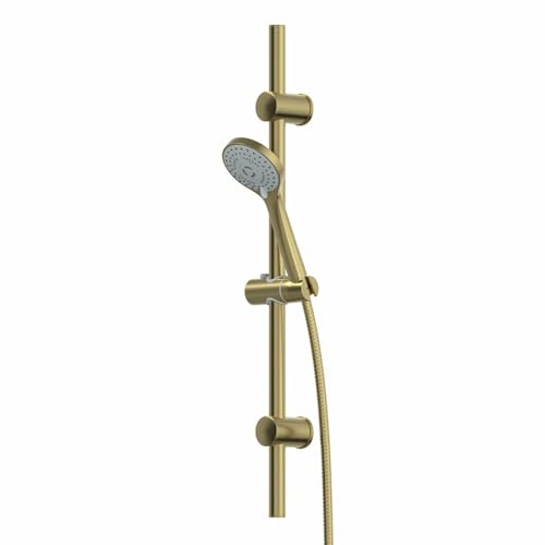 Architeckt® Bathroom Shower Kit Round Multi Spray Adjustable Handset Head & Riser Rail with Shower Head Holder, 1.5m Flexible Hose, Brushed Brass