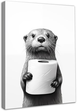 Dazzlewall Gerahmt Lustige Badezimmer Wandkunst Poster Niedlicher Otter Mit Toilettenpapier, Schwarz Weißes Tierbild für Badezimmer Wc Dekor 12x16 zoll