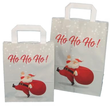 250 Papiertragetaschen Geschenktüten weiß mit Weihnachtsmotiv Santa Claus 22+10x28cm 70g/m² mit Papier Flachhenkel