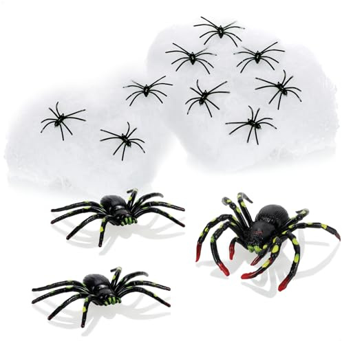 com-four® Set Decoración Halloween 14 Piezas – Telaraña Elástica con 12 Arañas de Distintos Tamaños – Falsa Tela Blanca para Halloween, Carnaval & Fiesta Temática