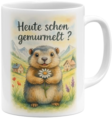 OM3® Lustige Murmeltier Kaffee-Tasse mit Spruch - Heute schon gemurmelt? - Keramik Becher - 325ml - Beidseitig Bedruckt - Weiss