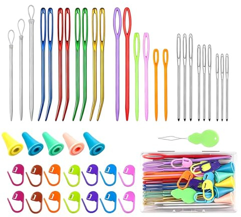 46Pcs Large Eye Sewing Needles Set, Aluminum Big Eye Yarn Darning Blunt Needle Kit, Metal Hand Knitting Straight & Bent Tapestry Darning Needle, Knitting Accessories for Quilting Crochet Embroidery