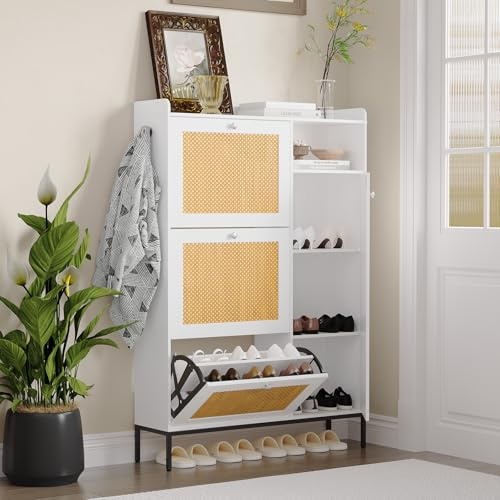 Rattan Schuhschrank Schmal mit 3 Klappfach & Freistehend Kabinett, Schuhkipper Holz mit 2 verstellbarer Einlegeboden,flurschrank/Schuhkommode für Eingangshalle, Flur, Wohnzimmer(131X90X24CM,Weiß)