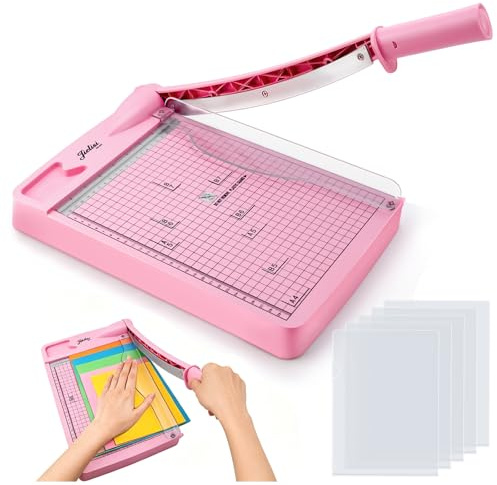 WPPQWP Papierschneider A4 (mit 5 Ordnern,12 Blatt,Schneidleistung A4/B5/A5/B6/B7) Hebelschneider Papierschneidemaschine Paper Cutter Geeignete Materialien Sind Dünne Bleche Leder Fotos (Rosa, A4)