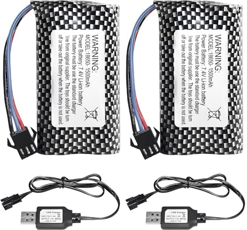 BIZOI 2 Stück 7.4V Li-ion Akku Set, 1500mAh SM-3P-Stecker-Lithiumbatterie, Wiederaufladbarer Li-ion Battery mit UBS Ladekabel, Li-Ion Batterie für RC-Flugzeug Spielzeugauto Auto
