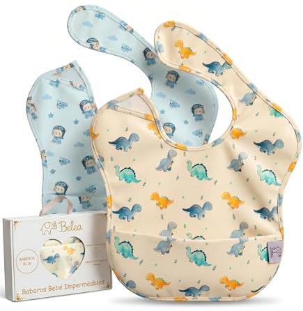 Belea Pack 2 Baberos Bebe Impermeables Sin Mangas BLW de 6 Meses a 5 Años Bolsillo Recogemigas Babete Impermeável Babero Infantil Material Suave Waterproof Sin BPA Regalo Baby Shower Cumpleaños Bebé