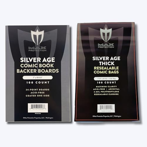Max Protection Silver Age Comic Book Bags and Boards - Resealable 2 Mil Polypropylene Bags for Thick Comics - 24pt Acid-Free Buffered Boards - 100 Count Combo Pack