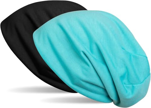 styleBREAKER Beanie vändbar mössa i enfärgad, slouchmössa, lätt och mjuk, lång mössa, unisex 04024115, Svart/turkos, one size
