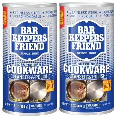 Bar Keepers Friend Cookware Cleanser & Polish (2 x 12 oz) Stainless Steel Cleaner & Degreaser for Pots, Pans, Bakeware & Grills - Removes Sticky Residue, Rust Stains & Lime Deposits