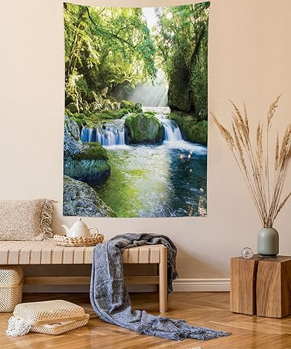 ABAKUHAUS Urwald Wandteppich und Tagesdecke, Laub Nebelgebirge aus Weiches Mikrofaser Stoff Waschbar ohne Verblassen Digitaldruck, 140 x 230 cm,Gelb Grün Blau