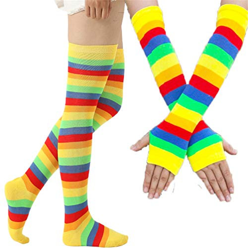 EDOTON Kniestrümpfe Regenbogen Streifen Arm Wärmer Bein Strumpf Bunte Oberschenkel Hohe Socken Fingerlose Handschuhe Hülsen-Set für Frauen Mädchen Party Stützen (Gelb)