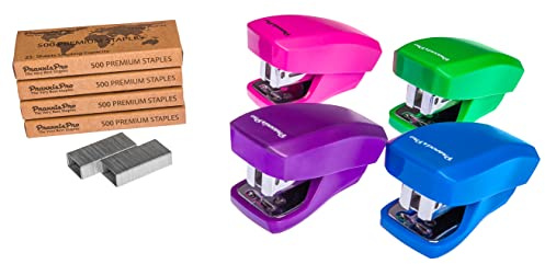 PraxxisPro - Aria Premium Back to School Mini Stapler Set of 4 - with Built-in Staple Removers, 2000 Standard Staples Included - for Office, School,Travel, Blue, Pink, Purple, Green,