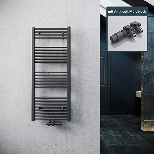 ELEGANT Badheizkörper Handtuchhalter 1200x500mm mit Anthrazit Multiblock Thermostat Handtuchheizkörper Handtuchtrockner Handtuchwärmer