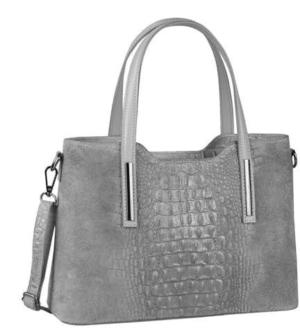 OBC Made IN Italy Damen Echt Leder Tasche Kroko-Prägung Business Shopper Wildleder Schultertasche Handtasche Ledertasche Umhängetasche (Grau)