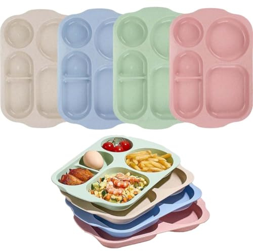 AIYoo 4 PCS Unbreakable Divided Portion Plates, 12 Inch Dishwasher Safe Tray for Adults,Plastic Home Dinner Plate Feeding Food Training,4Colors for Outdoor Camping Picnic BBQ Beach or Every Day Use