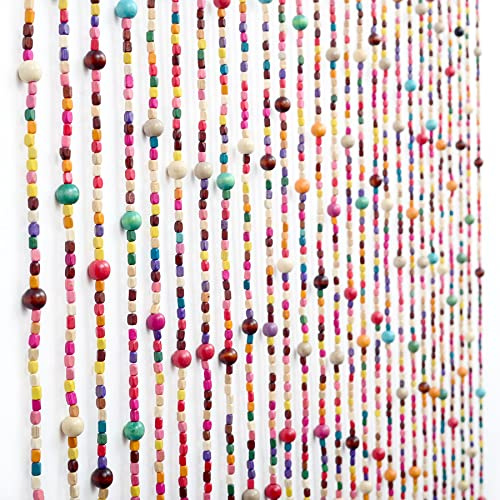 Hippie-Perlenvorhang, Boho-Stil, natürliche Holzperlen, Bambus-ähnlich, für Fenster, Haustür, Dekoration, Vorhänge, Heimdekoration, Geschenk-Set, 90 x 180 cm, Regenbogenfarben, 1 Stück, 91 x 180 cm